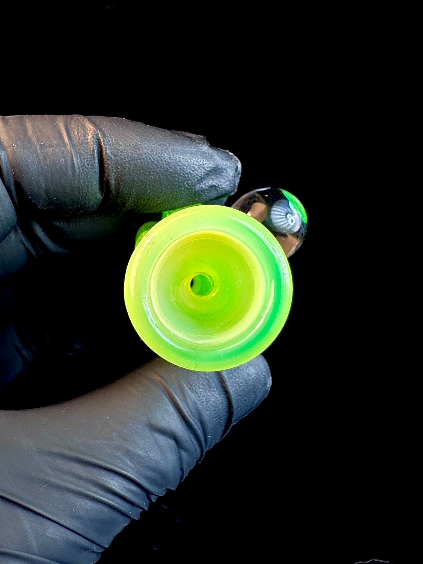 Bowl push on Slyme green glass chillum with an opal and Slyme green dots