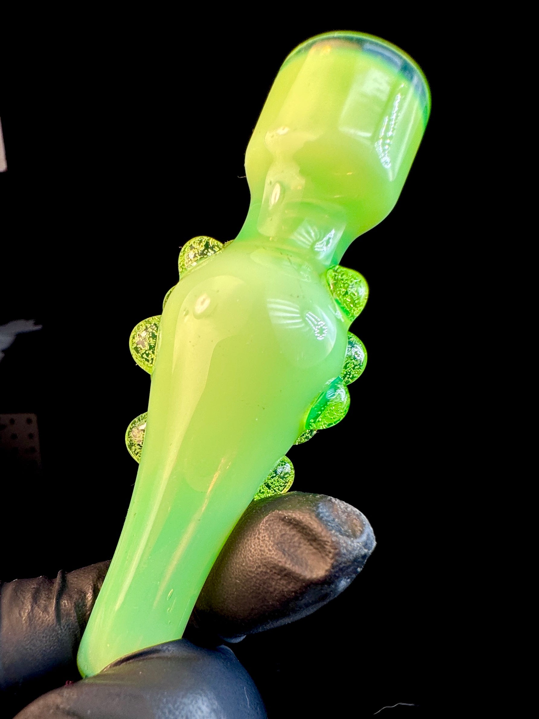 Back of Slyme green glass chillum with an opal and Slyme green dots