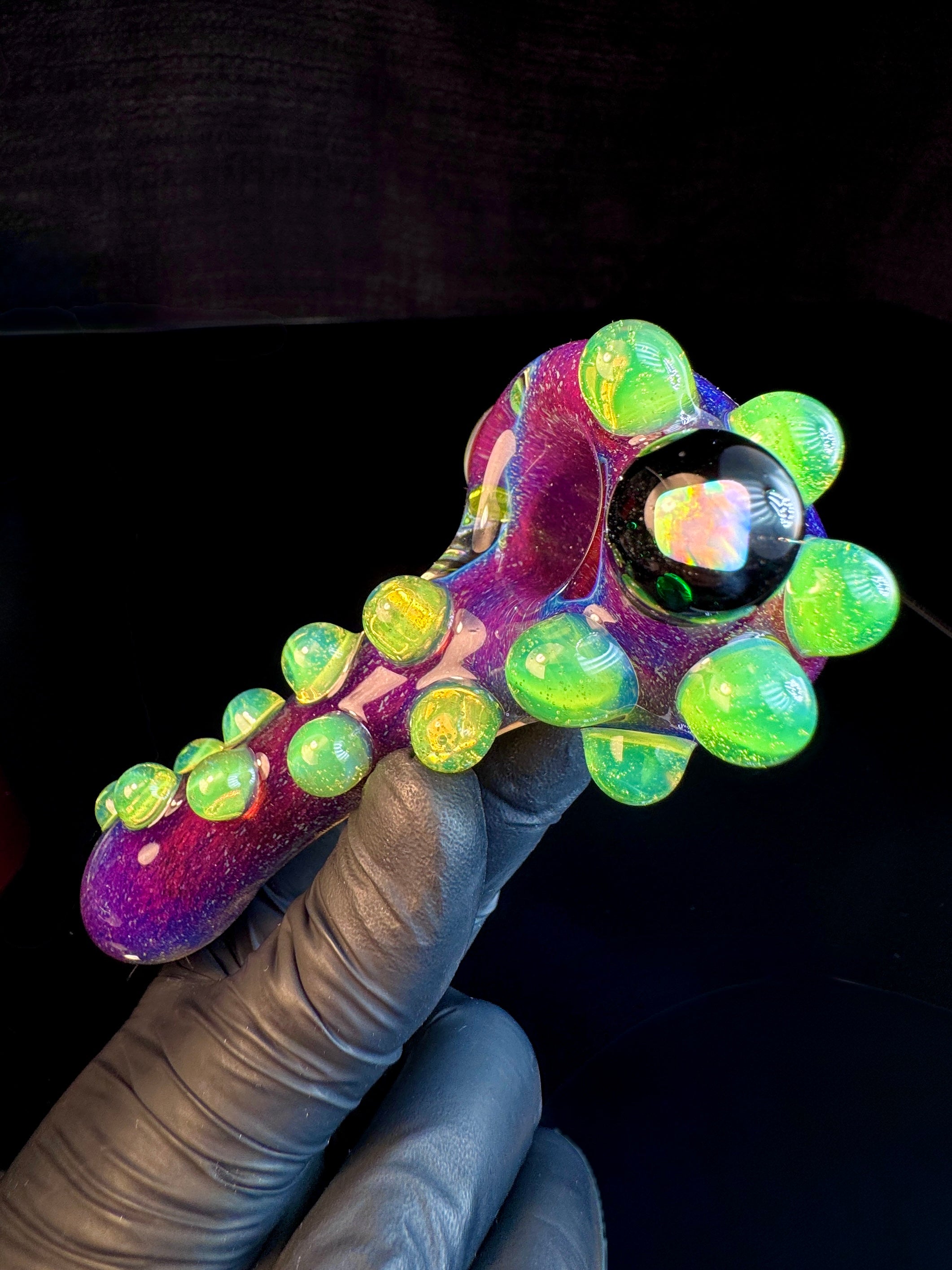 Magenta glass pipe with slyme green dots and an opal