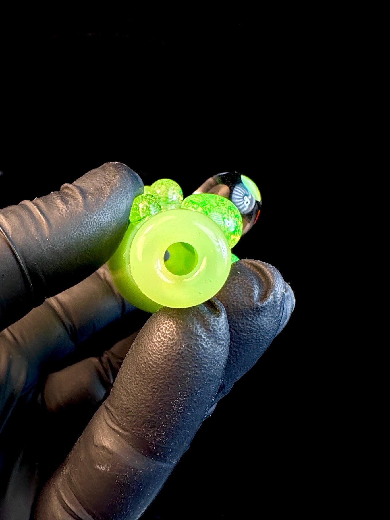 Mouth piece of Slyme green glass chillum with an opal and Slyme green dots
