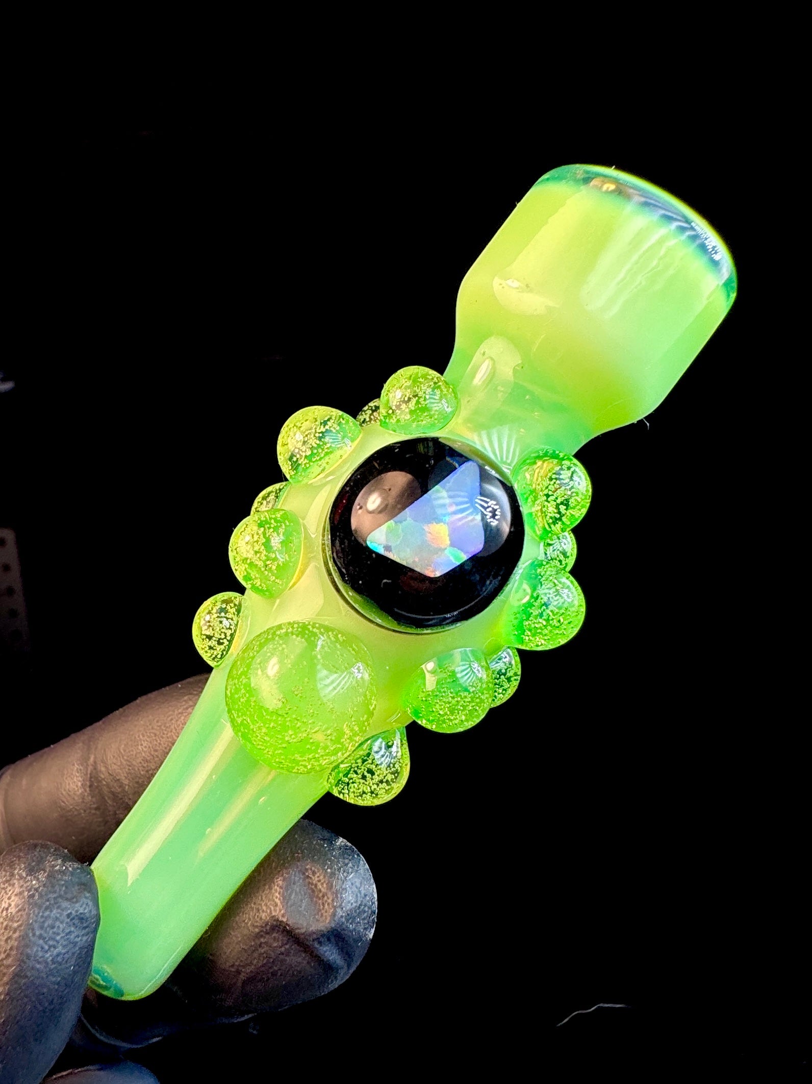 Slyme green glass chillum with an opal and Slyme green dots