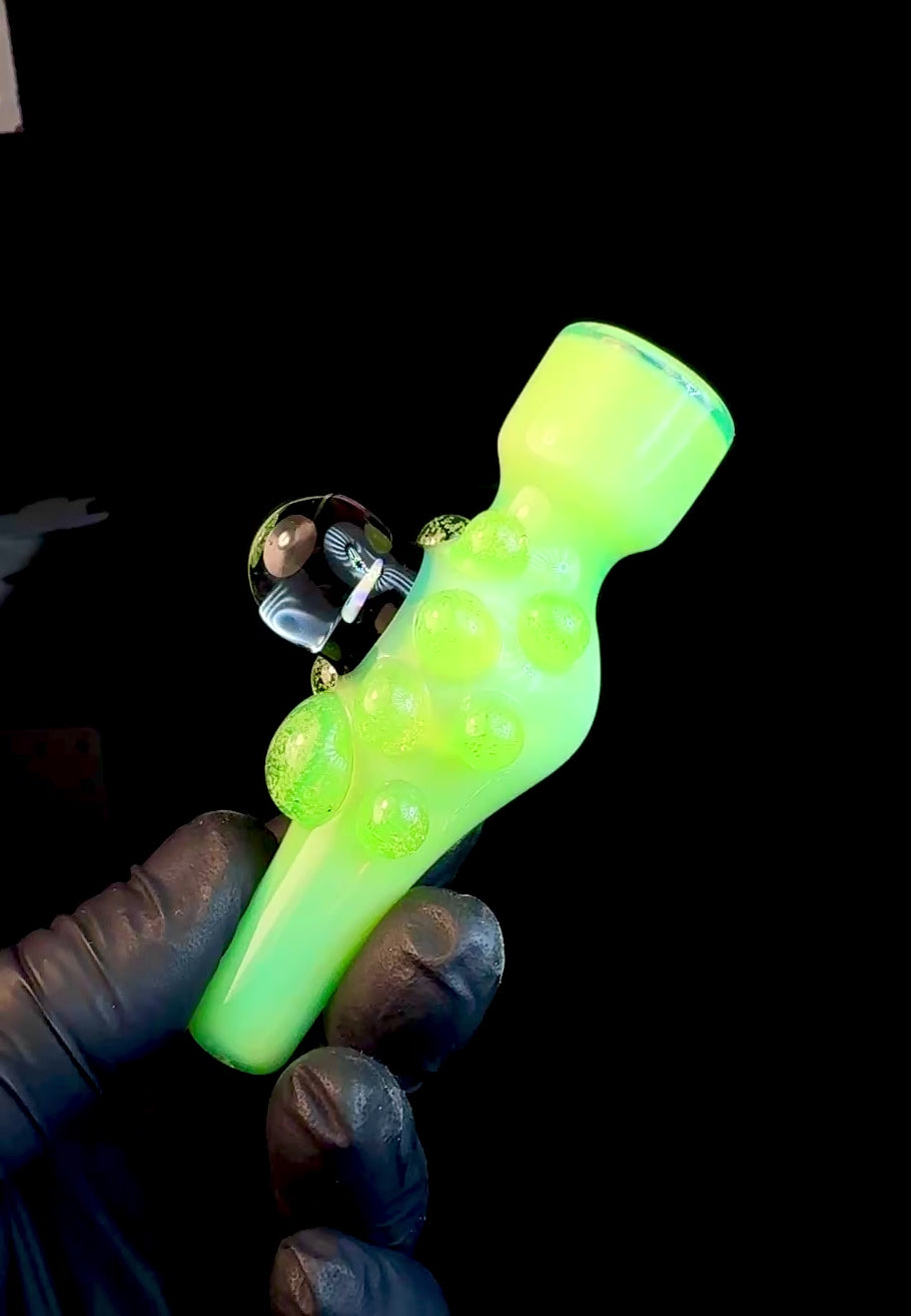 Slyme green glass chillum with an opal and Slyme green dots