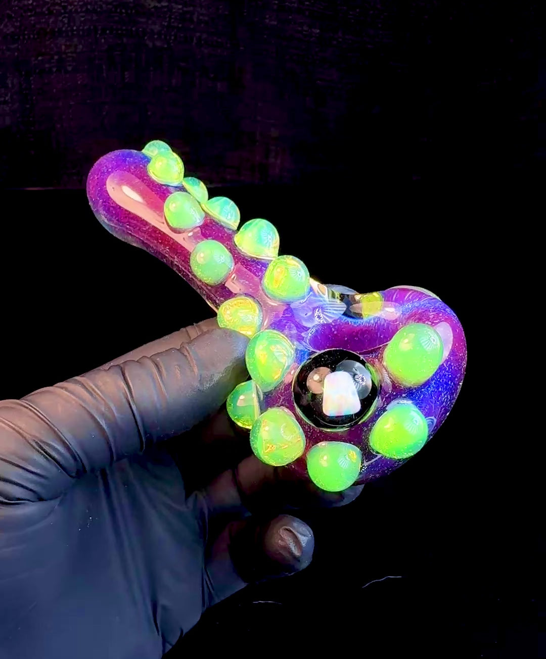 Magenta glass pipe with slyme green dots and an opal.