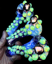 Load image into Gallery viewer, Multiple Starry night space pipes with slyme green dots, silver fume, and large white opal. Made by Harold Ludeman Glass.
