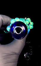 Load image into Gallery viewer, Mouth hole Starry night space pipe with slyme green dots, silver fume, and large white opal. Made by Harold Ludeman Glass.
