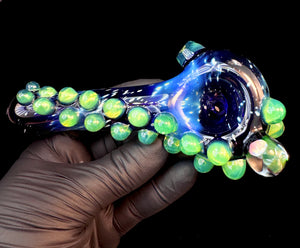 Side view Starry night space pipe with slyme green dots, silver fume, and large white opal