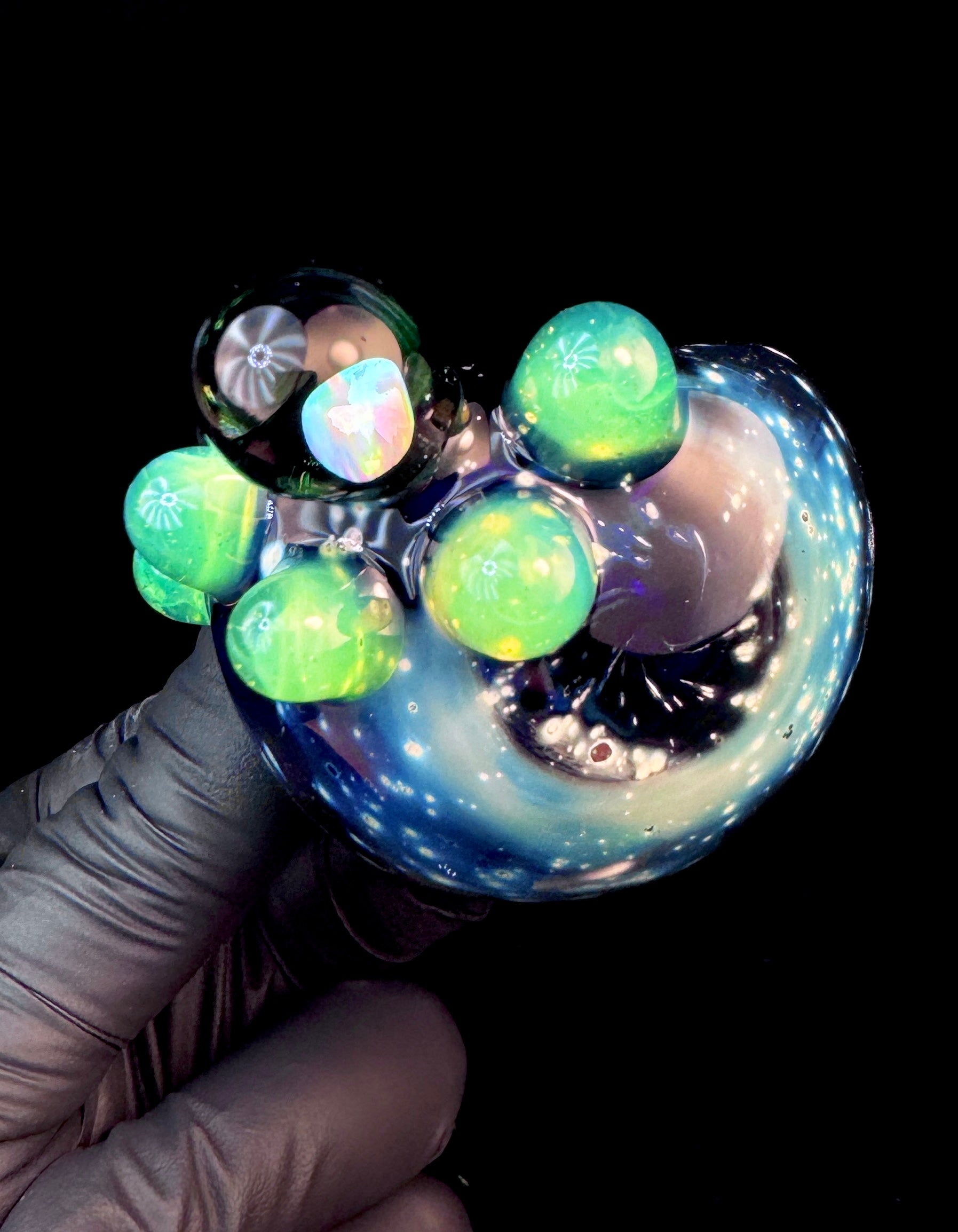 Front view Starry night space pipe with slyme green dots, silver fume, and large white opal