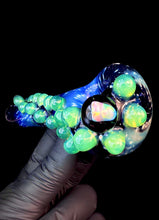 Load image into Gallery viewer, Starry night space pipe with slyme green dots, silver fume, and large white opal
