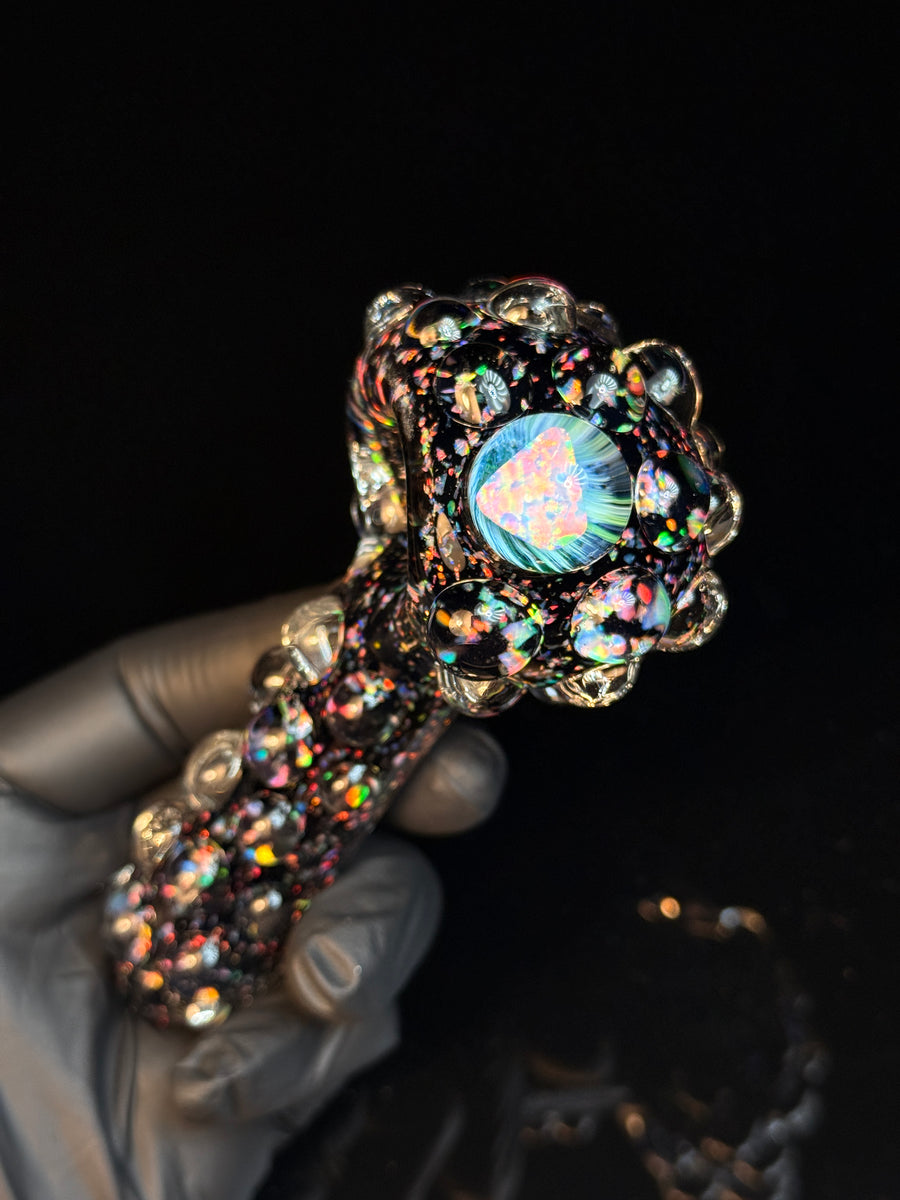 Heady Black crushed opal glass pipe. Super thick, big bowl push made out of Pyrex glass 