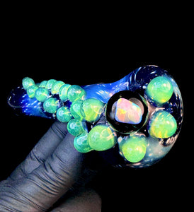 Starry night space pipe with slyme green dots, silver fume, and large white opal. This is a borosilicate glass smoking pipe made by the company Harold Ludeman Glass. 