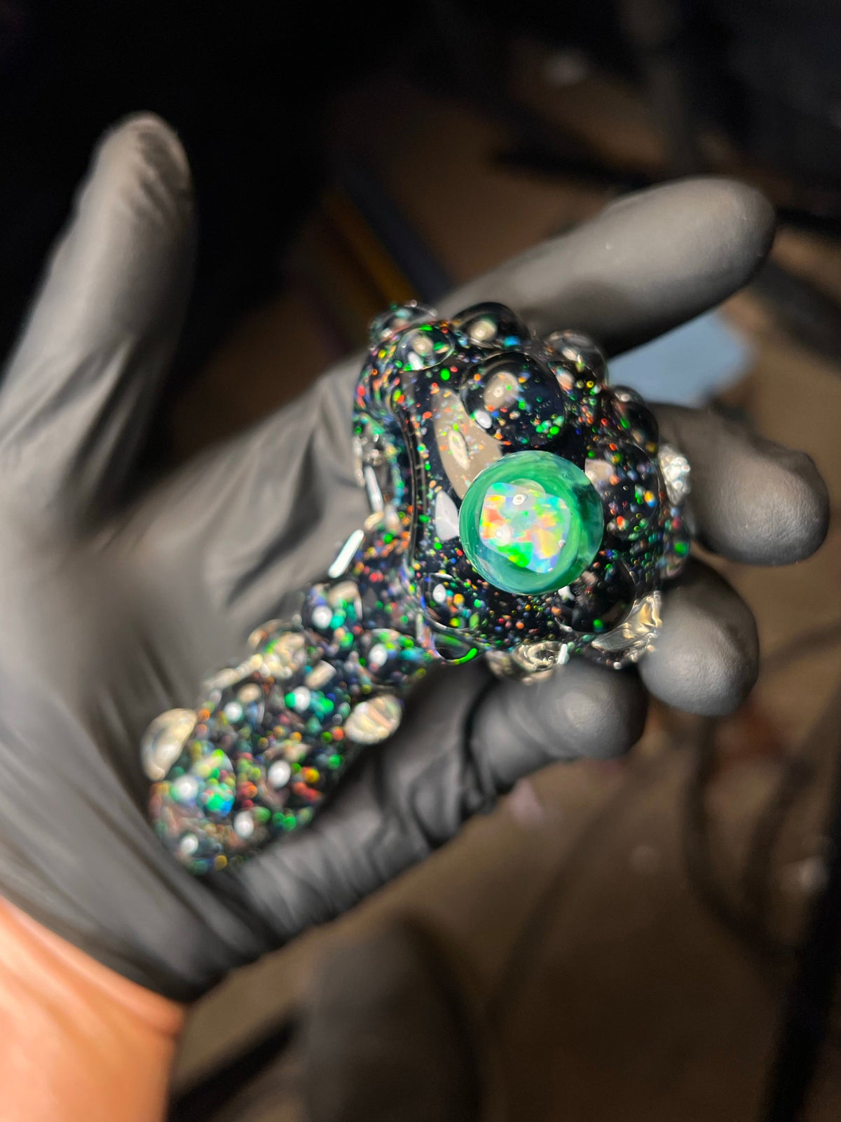 Black crushed opal glass pipe. Super thick, big bowl push made out of Pyrex glass